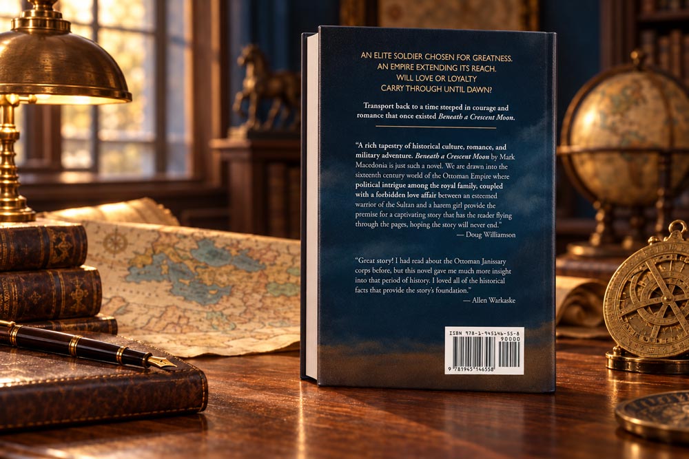 desk with the back cover of Beneath A Cresent Moon