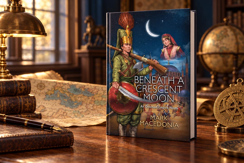 Beneath-a-Cresent-Moon-cover-on-desk desk with the front cover of Beneath A Cresent Moon