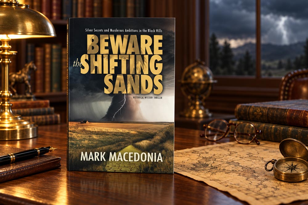 desk with the front cover of Beware the Shifting Sands