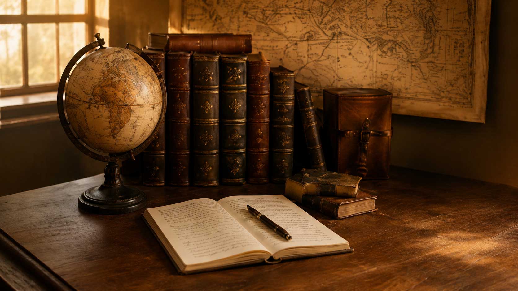 Desk-with-globe-and-lineup-of-books desk with globe and map and lineup of books