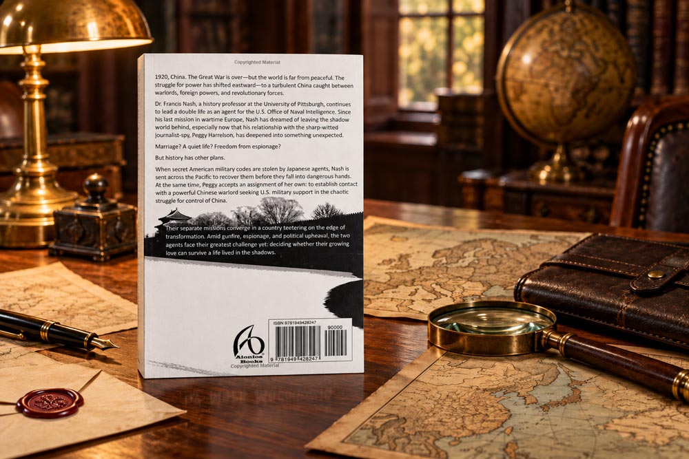 desk with the back cover of Shadows in the Dragon's Lair - Book 2