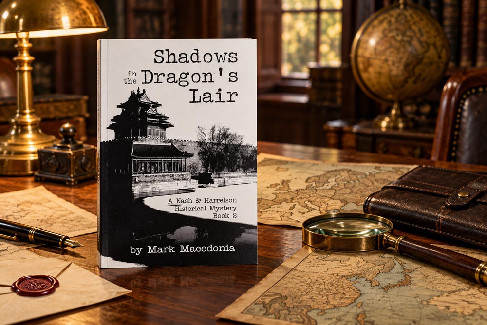 Shadows-in-the-Dragon’s-Lair-Book-2-cover-on-desk desk with the front cover of Shadows in the Dragon's Lair - Book 2