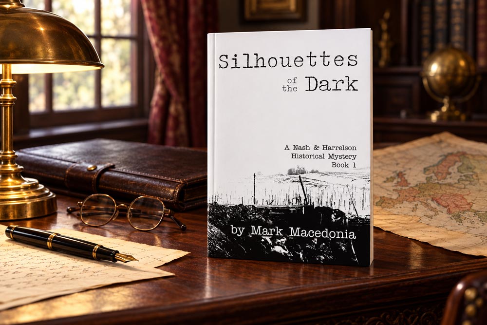 desk with the front cover of Silhouettes of the Dark - Book 1