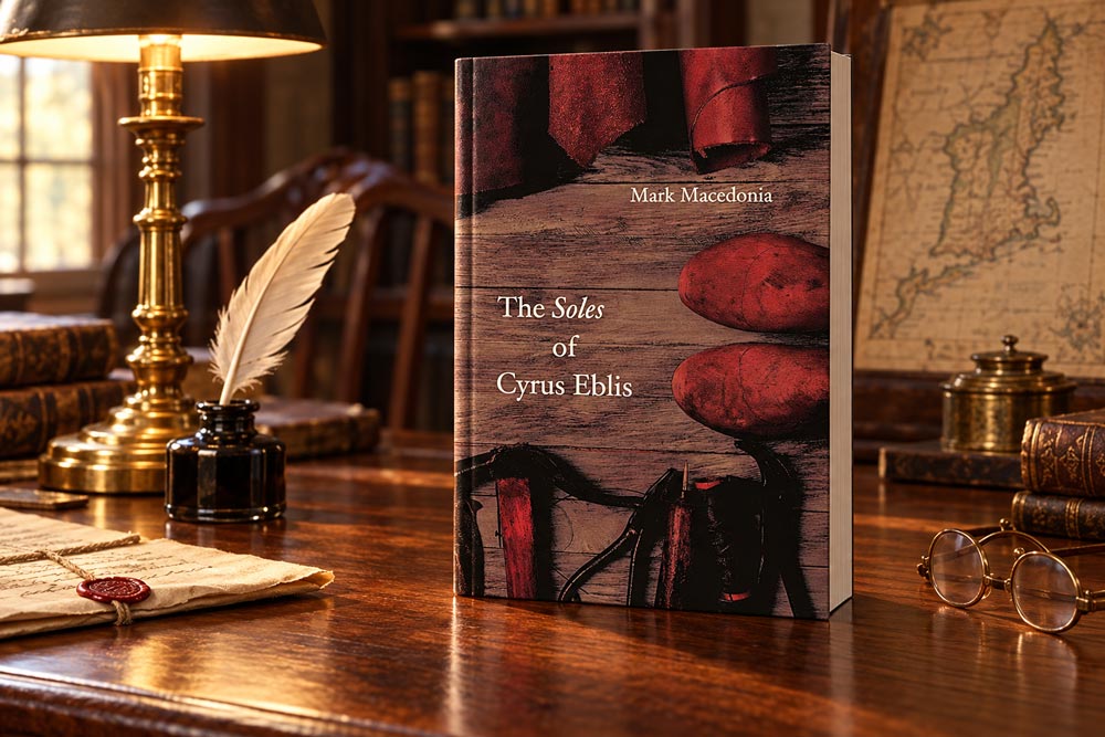 desk with the front cover of The Soles of Cyrus Eblis