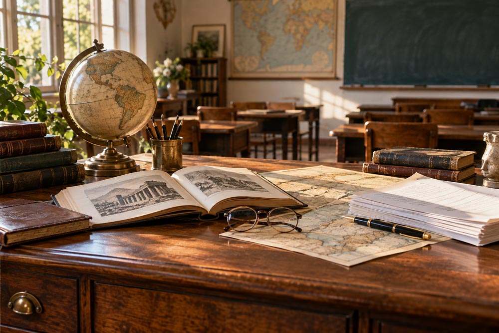 classroom teacher's desk with globe, roman history book and maps